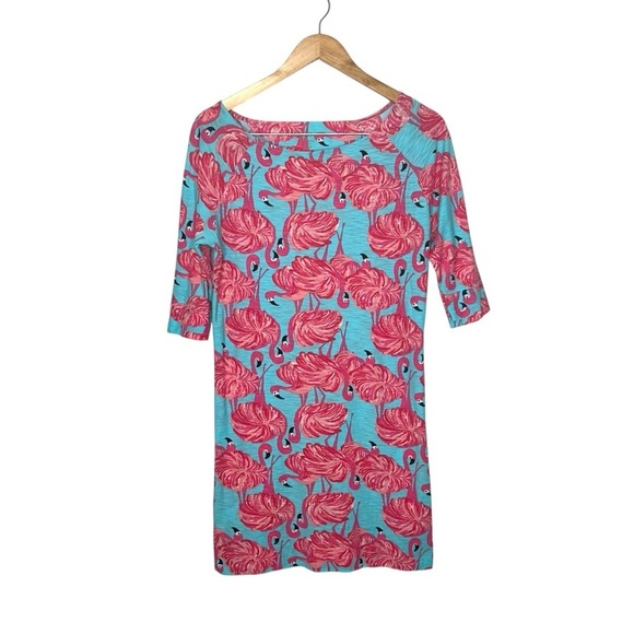 Lilly Pulitzer A Little Leg Flamingo Cassie Dress Pink/Blue 100% Cotton Small - Picture 2 of 8